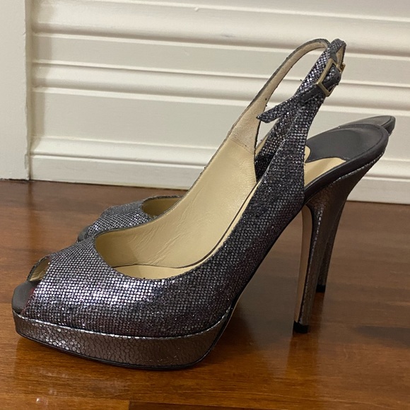 Grey sparkly open toe sling back Jimmy Choo high heels - Picture 3 of 9